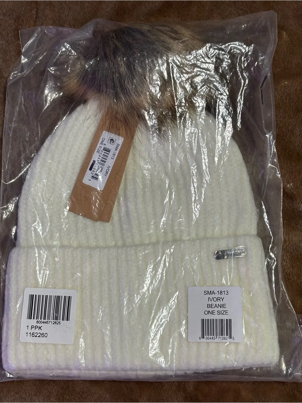 Steve Madden Ivory Ribbed Beanie with Faux Fur Pom